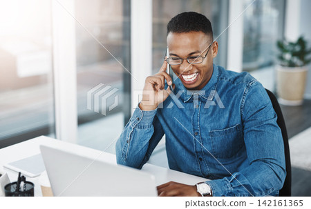 Phone call, business and black man with mobile at desk for conversation, networking or negotiating deal. Lens flare, laptop and happy consultant for discussion, talking or feedback on project Phone call, business and black man with mobile at desk for conversation, networking or negotiating deal. Lens flare, laptop and happy consultant for discussion, talking or feedback on project 142161365