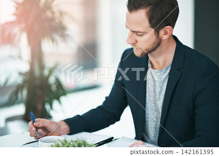 Businessman, writing and documents with finance in budget planning, reports or reading accounts at office. Man, accountant or employee working on paperwork for financial statistics, growth or revenue Businessman, writing and documents with finance in budget planning, reports or reading accounts at office. Man, accountant or employee working on paperwork for financial statistics, growth or revenue 142161395