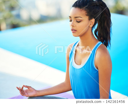 Yoga, woman and meditation for fitness in outdoor for freedom of peace or wellness with breathing exercises. Relax, mat and lotus pose as sport with balance or zen for spiritual health or self care Yoga, woman and meditation for fitness in outdoor for freedom of peace or wellness with breathing exercises. Relax, mat and lotus pose as sport with balance or zen for spiritual health or self care 142161456