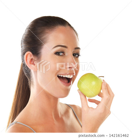 Portrait, woman and apple with eating in studio for health, awareness and wellness for fruit, diet and nutrition. Female person, food and benefits of organic, fiber and detox as snack in skincare Portrait, woman and apple with eating in studio for health, awareness and wellness for fruit, diet and nutrition. Female person, food and benefits of organic, fiber and detox as snack in skincare 142161462