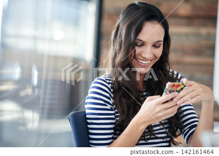 Happy woman, office and typing with phone for communication, social media or connection. Young female person or employee with smile on mobile smartphone for online chatting or texting at workplace Happy woman, office and typing with phone for communication, social media or connection. Young female person or employee with smile on mobile smartphone for online chatting or texting at workplace 142161464
