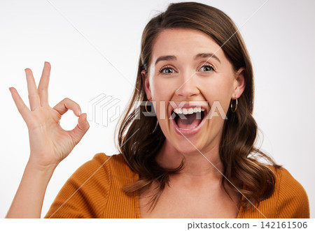Ok hands, portrait and excited woman in studio with support, motivation and thank you sign on white background. Feedback, review and model with perfect emoji for service, excellence or vote gesture Ok hands, portrait and excited woman in studio with support, motivation and thank you sign on white background. Feedback, review and model with perfect emoji for service, excellence or vote gesture 142161506