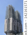 Zagreb Cathedral towers under renovation with scaffolding and blue sky 142161571