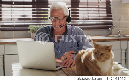 Laptop, cat and man with headset in home with online consultation for human resources. Technology, pet and mature male business consultant working on computer for freelance project in kitchen. Laptop, cat and man with headset in home with online consultation for human resources. Technology, pet and mature male business consultant working on computer for freelance project in kitchen. 142161612