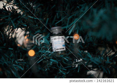 Christmas, tree and safety for health and vaccine as ornament, decoration and memory of Covid19. Healthcare, product and medicine of science, holiday and celebration in home and wellness from virus 142161621