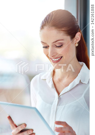 Businesswoman, tablet and smile in workplace for market research, development and networking. Technology, online and study in office for startup company, project and scroll on social media. Businesswoman, tablet and smile in workplace for market research, development and networking. Technology, online and study in office for startup company, project and scroll on social media. 142161888