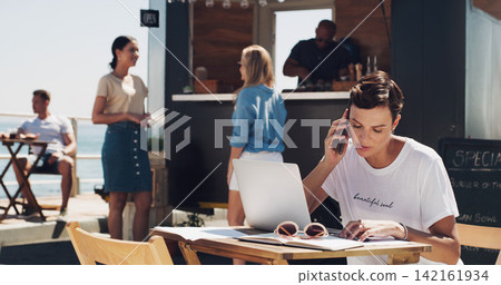 Phone call, laptop and woman at outdoor cafe for remote work, networking or professional communication. Smartphone, computer and creative freelancer at coffee shop at lake for online project research Phone call, laptop and woman at outdoor cafe for remote work, networking or professional communication. Smartphone, computer and creative freelancer at coffee shop at lake for online project research 142161934