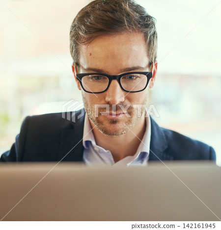Businessman, laptop and glasses for planning, research and email in coffee shop for remote work. Corporate male person, trader and technology for stock market, entrepreneur and online for reading Businessman, laptop and glasses for planning, research and email in coffee shop for remote work. Corporate male person, trader and technology for stock market, entrepreneur and online for reading 142161945