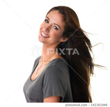 Portrait, beauty and hair, woman smile in studio for dermatology and keratin treatment with shine on white background. Cosmetic care, facial and haircare, skincare and salon hairstyle for glow Portrait, beauty and hair, woman smile in studio for dermatology and keratin treatment with shine on white background. Cosmetic care, facial and haircare, skincare and salon hairstyle for glow 142161946
