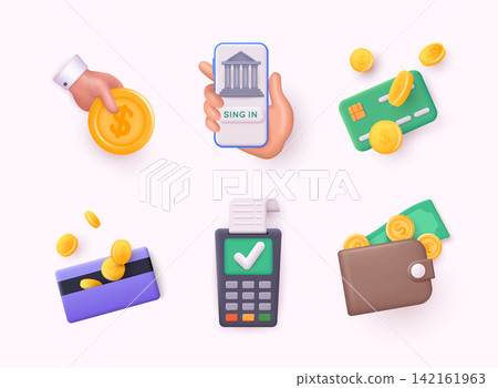 Banking, finance 3d render realistic vector icon set. Hand with coin, online banking, credit card, wallet with coins icon. 3D Web Vector Illustrations. Banking, finance 3d render realistic vector icon set. Hand with coin, online banking, credit card, wallet with coins icon. 3D Web Vector Illustrations. 142161963