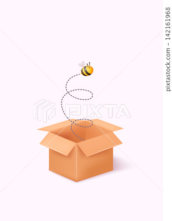 Open cardboard with fly bee isolated on white background. Emptiness concept. Cartoon style cardboard box or delivery package. 3D Web Vector Illustrations. Open cardboard with fly bee isolated on white background. Emptiness concept. Cartoon style cardboard box or delivery package. 3D Web Vector Illustrations. 142161968