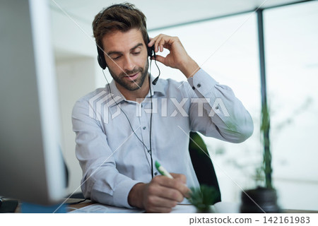 Writing, advisor or man in telemarketing call center consulting or communication for loan advice. Finance notes, customer support or virtual assistant talking on computer online on headset in office Writing, advisor or man in telemarketing call center consulting or communication for loan advice. Finance notes, customer support or virtual assistant talking on computer online on headset in office 142161983