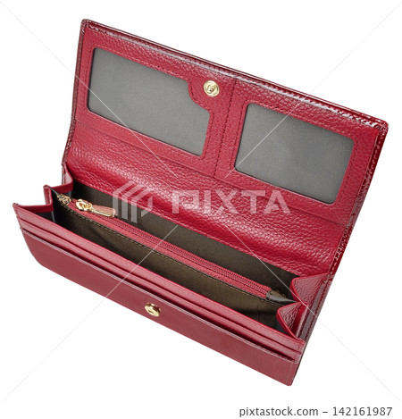 Open red leather wallet interior with card slots and coin zip Open red leather wallet interior with card slots and coin zip 142161987