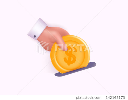 Human hand putting gold coin to donation box for needing people. 3D Web Vector Illustrations. Human hand putting gold coin to donation box for needing people. 3D Web Vector Illustrations. 142162173