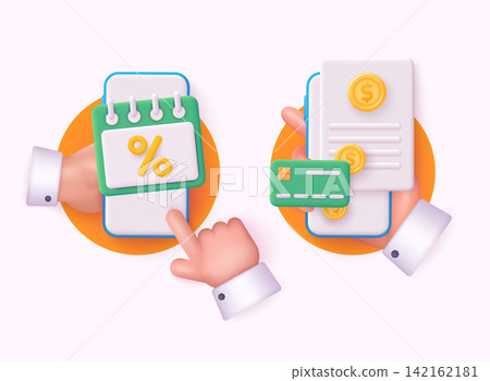 Hands holding phones with banking app. Bank credit concept. Percent, good interest rate, interest-free. 3D Web Vector Illustrations. 142162181