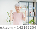 A portrait of a senior Japanese woman making a victory pose in her living room. A portrait of a senior Japanese woman making a victory pose in her living room. 142162204