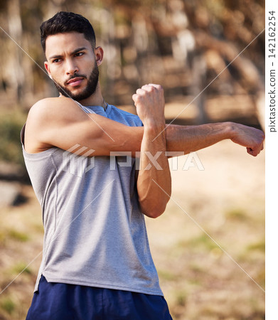 Sport, Fitness and man stretching, wellness and warm up for performance of strong body in training. Health, male athlete and runner for muscle flexibility, exercise and balance in nature with forest Sport, Fitness and man stretching, wellness and warm up for performance of strong body in training. Health, male athlete and runner for muscle flexibility, exercise and balance in nature with forest 142162254