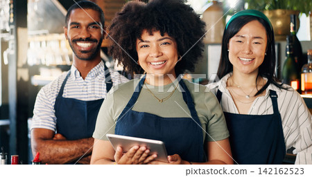 Diversity, restaurant and portrait of team at bar with manager, waiter and waitress at startup with digital app. Bistro, service barman and welcome, happy small business owner at cafe with tablet. Diversity, restaurant and portrait of team at bar with manager, waiter and waitress at startup with digital app. Bistro, service barman and welcome, happy small business owner at cafe with tablet. 142162523