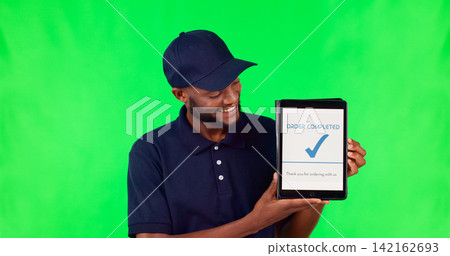Tablet, delivery and order with a black man on green screen or studio background for distribution or shipping. Ecommerce transport, complete or happy African courier on technology for online shopping Tablet, delivery and order with a black man on green screen or studio background for distribution or shipping. Ecommerce transport, complete or happy African courier on technology for online shopping 142162693