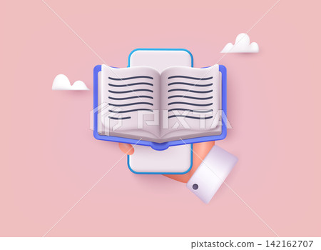 Rendering ebook icon, book in front of smartphone. Online education , online school, digital reading, e-learning concept. 3d vector illustration. Rendering ebook icon, book in front of smartphone. Online education , online school, digital reading, e-learning concept. 3d vector illustration. 142162707