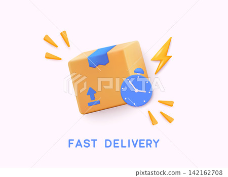 Fast delivery concept. Mobile smart phone with delivery app. Online shopping. 3D Vector Illustrations. Fast delivery concept. Mobile smart phone with delivery app. Online shopping. 3D Vector Illustrations. 142162708