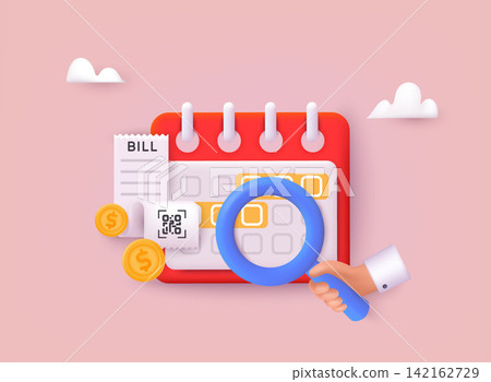 Calendar icon symbol with magnificent glass in hand. Subscription pay calendar fee annual button. Payment date. 3D Web Vector Illustrations. Calendar icon symbol with magnificent glass in hand. Subscription pay calendar fee annual button. Payment date. 3D Web Vector Illustrations. 142162729