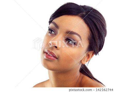 Thinking, skincare and face of woman in studio with natural beauty, makeup glow and cosmetics. Dermatology, facial care and girl with confidence, mockup and healthy skin benefits on white background Thinking, skincare and face of woman in studio with natural beauty, makeup glow and cosmetics. Dermatology, facial care and girl with confidence, mockup and healthy skin benefits on white background 142162744