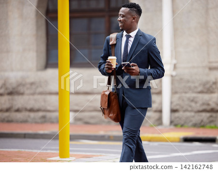 Cell phone, walk and black man in city for work commute, social media and networking in town. Travel, professional and male worked in road with coffee, smartphone and internet for texting and sms Cell phone, walk and black man in city for work commute, social media and networking in town. Travel, professional and male worked in road with coffee, smartphone and internet for texting and sms 142162748