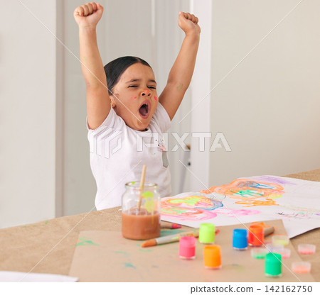 Home, art and tired kid with paint at table for teaching, learning and child development. Yawn, drawing and creative kindergarten girl with fatigue, education and watercolor sketch for homeschool. Home, art and tired kid with paint at table for teaching, learning and child development. Yawn, drawing and creative kindergarten girl with fatigue, education and watercolor sketch for homeschool. 142162750