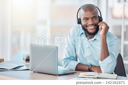 Black man, headset and sale agent in office, laptop and call centre operator or secretary. Male person, insurance and telemarketing or customer support, technical service and receptionist for crm Black man, headset and sale agent in office, laptop and call centre operator or secretary. Male person, insurance and telemarketing or customer support, technical service and receptionist for crm 142162871
