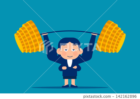 Strong businesswoman lifting heavy weighted with gold coins represents financial strength and economic power icons. the weight of wealth management. Strong businesswoman lifting heavy weighted with gold coins represents financial strength and economic power icons. the weight of wealth management. 142162896