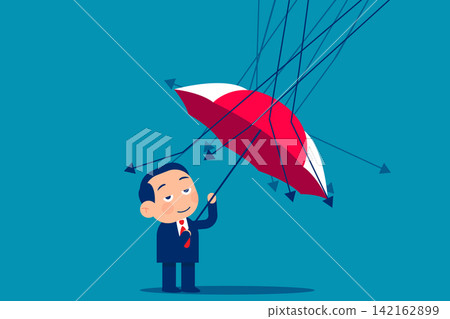 Cute little business. A businessman reflect low graph with umbrella Cute little business. A businessman reflect low graph with umbrella 142162899
