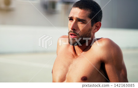 Thinking, tired and man outdoor for fitness, body health and workout in city for wellness on mockup. Sports, breathing and person on break with fatigue, exhausted or relax after training for exercise Thinking, tired and man outdoor for fitness, body health and workout in city for wellness on mockup. Sports, breathing and person on break with fatigue, exhausted or relax after training for exercise 142163085