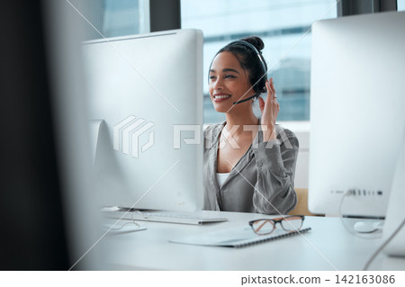 Call center, computer and woman consultant in office for online crm consultation or enquiries. Telemarketing, headset and female technical support or customer service agent with desktop in workplace. Call center, computer and woman consultant in office for online crm consultation or enquiries. Telemarketing, headset and female technical support or customer service agent with desktop in workplace. 142163086