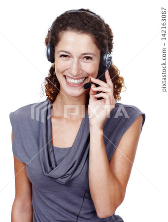 Portrait, call center and happy woman on mic for support, customer service or help in studio isolated on white background. Face, headphones and telemarketing consultant or sales professional in Spain Portrait, call center and happy woman on mic for support, customer service or help in studio isolated on white background. Face, headphones and telemarketing consultant or sales professional in Spain 142163087