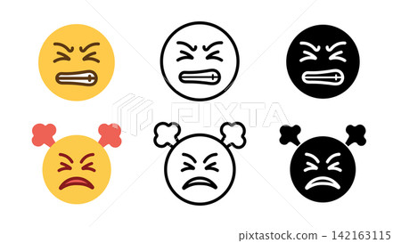 Angry frustrated face emoji emotion icon set outline silhouette and color vector isolated on white background Angry frustrated face emoji emotion icon set outline silhouette and color vector isolated on white background 142163115