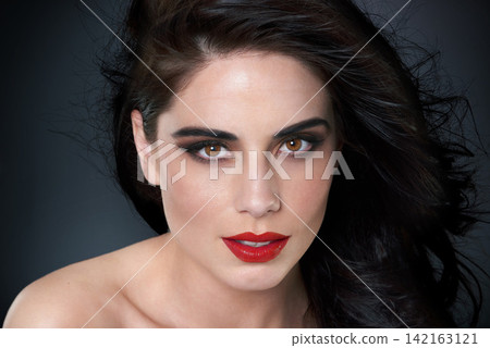 Portrait, beauty and woman with hair care, cosmetics and dermatology on dark studio background. Face, happy person or model with salon treatment, luxury and grooming with shine, glowing and aesthetic Portrait, beauty and woman with hair care, cosmetics and dermatology on dark studio background. Face, happy person or model with salon treatment, luxury and grooming with shine, glowing and aesthetic 142163121