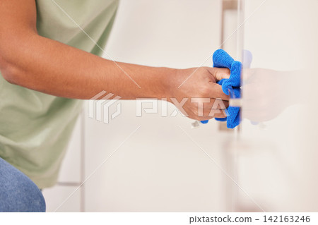 Hands, person or cloth for cleaning wall for shine in home for domestic disinfection or housework chores. Closeup, wipe or cleaner with dirt or fabric for sanitary hygiene, dust or wellness routine 142163246