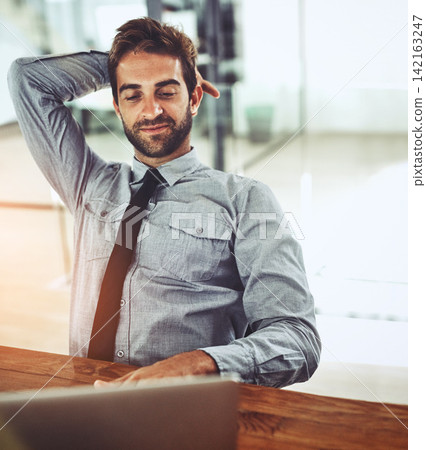Relax, thinking and man in office with laptop, smile and planning online project for business ideas. Calm, ideas and happy businessman at desk with computer, research and problem solving in workplace Relax, thinking and man in office with laptop, smile and planning online project for business ideas. Calm, ideas and happy businessman at desk with computer, research and problem solving in workplace 142163247