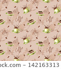 Seamless pattern of coffee and desserts on a cream background. A pattern suitable for kitchen textiles, packaging and menu design, and coffee shop or restaurant decor. 142163313