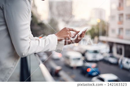 Phone, city and hands of business person typing email for contact, online chat and networking. Communication, professional and worker on balcony on smartphone for social media, website and research Phone, city and hands of business person typing email for contact, online chat and networking. Communication, professional and worker on balcony on smartphone for social media, website and research 142163323