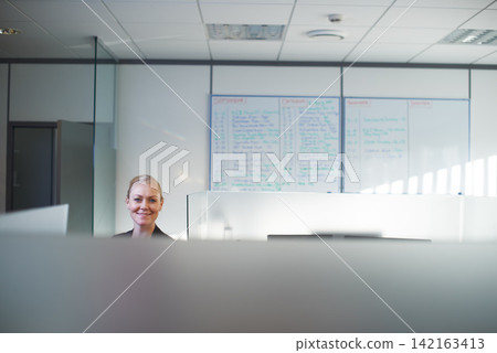 Workplace, cubicle and portrait of business woman for planning with confidence, pride and smile. Corporate, professional and person in workplace for insurance company, consulting agency and startup Workplace, cubicle and portrait of business woman for planning with confidence, pride and smile. Corporate, professional and person in workplace for insurance company, consulting agency and startup 142163413