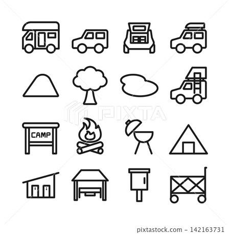 Set of 16 line art icons for camping and outdoor activities Set of 16 line art icons for camping and outdoor activities 142163731
