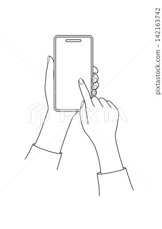 A line drawing illustration of a woman's hand tapping on a smartphone screen. A line drawing illustration of a woman's hand tapping on a smartphone screen. 142163742