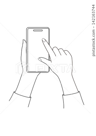A line drawing illustration of a woman's hands pinching out to zoom in on her smartphone screen. A line drawing illustration of a woman's hands pinching out to zoom in on her smartphone screen. 142163744
