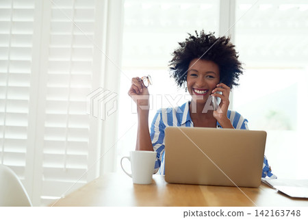 Black woman, laptop or phone call with portrait in home for career, graphic designer or entrepreneur. Female person, startup or business with computer and mobile for web development or remote work 142163748