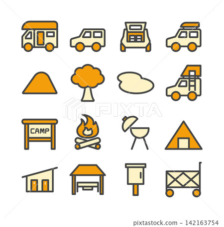 Set of 16 Camping/Outdoor Line Drawing Icons - Orange Set of 16 Camping/Outdoor Line Drawing Icons - Orange 142163754