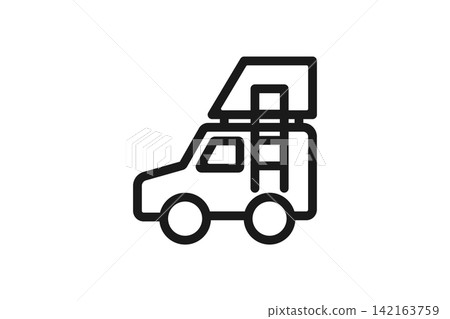 Line art icon of a car with a roof tent Line art icon of a car with a roof tent 142163759