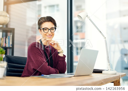 Portrait, woman and laptop in office with confidence for career, job growth and opportunity. Female employee, happy and research content or creative ideas as editor for magazine or publication Portrait, woman and laptop in office with confidence for career, job growth and opportunity. Female employee, happy and research content or creative ideas as editor for magazine or publication 142163956