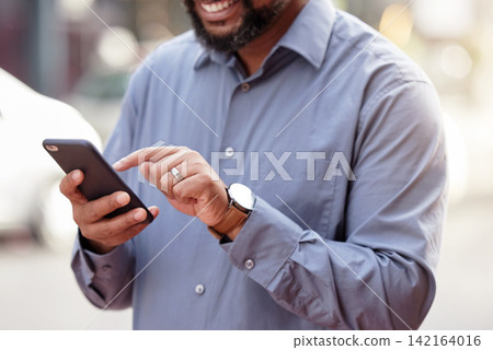 Outdoor, man and hands with smartphone on internet to search for business opportunity or networking. Browse, entertainment and online for research, connect and communication on mobile app with smile Outdoor, man and hands with smartphone on internet to search for business opportunity or networking. Browse, entertainment and online for research, connect and communication on mobile app with smile 142164016
